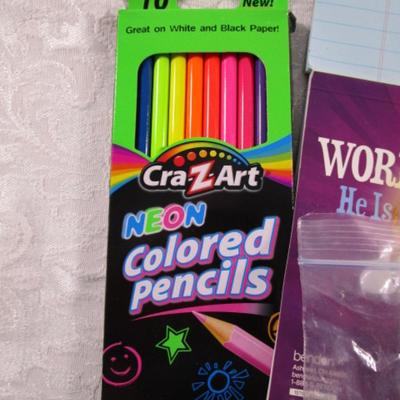 Sale Photo Thumbnail #279: Legal pad, wire-bound notebooks1 new package of 50 colored pencils, 1 new package 10 neon colored pencils, 1 new package colored pencils, pencil-end erasers, word search book