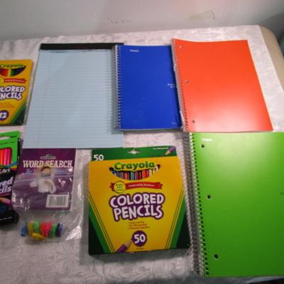 Sale Photo Thumbnail #273: Legal pad, wire-bound notebooks1 new package of 50 colored pencils, 1 new package 10 neon colored pencils, 1 new package colored pencils, pencil-end erasers, word search book
