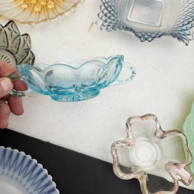 Collection of Plates & Bowls, Glass Ice Bucket, Green Glass, 3 MacBeth Evans Petalware Plates, Depression Amber Art Glass