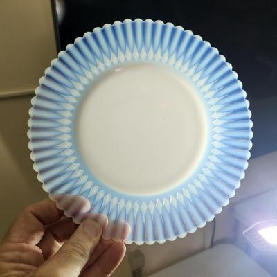 Collection of Plates & Bowls, Glass Ice Bucket, Green Glass, 3 MacBeth Evans Petalware Plates, Depression Amber Art Glass