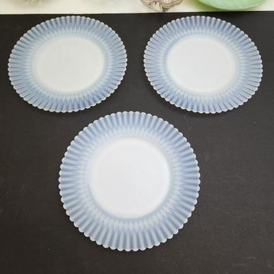 Collection of Plates & Bowls, Glass Ice Bucket, Green Glass, 3 MacBeth Evans Petalware Plates, Depression Amber Art Glass