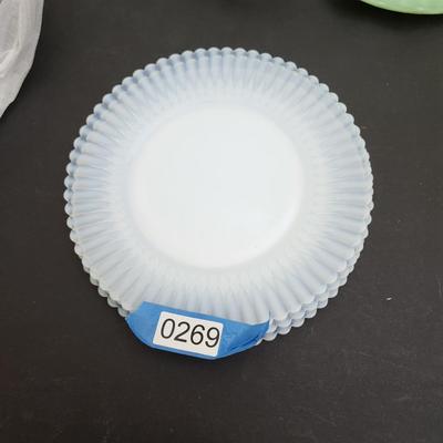 Collection of Plates & Bowls, Glass Ice Bucket, Green Glass, 3 MacBeth Evans Petalware Plates, Depression Amber Art Glass