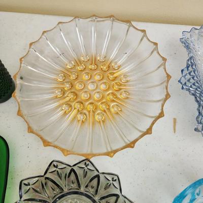 Collection of Plates & Bowls, Glass Ice Bucket, Green Glass, 3 MacBeth Evans Petalware Plates, Depression Amber Art Glass