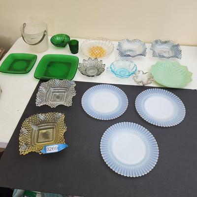 Collection of Plates & Bowls, Glass Ice Bucket, Green Glass, 3 MacBeth Evans Petalware Plates, Depression Amber Art Glass