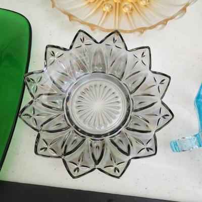 Collection of Plates & Bowls, Glass Ice Bucket, Green Glass, 3 MacBeth Evans Petalware Plates, Depression Amber Art Glass