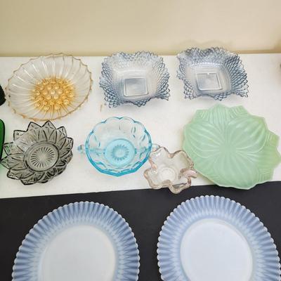 Collection of Plates & Bowls, Glass Ice Bucket, Green Glass, 3 MacBeth Evans Petalware Plates, Depression Amber Art Glass