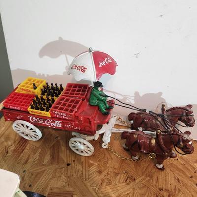 Lot of 7 Cast Iron Toys Milk Wagon, Truck, U.S. Mail, Produce Wagon, Carriage, Coca-Cola Wagon, P.R.R. Train Set
