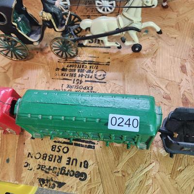 Lot of 7 Cast Iron Toys Milk Wagon, Truck, U.S. Mail, Produce Wagon, Carriage, Coca-Cola Wagon, P.R.R. Train Set