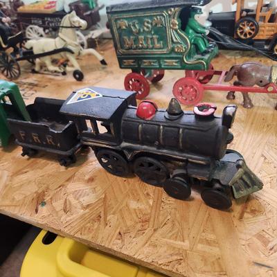 Lot of 7 Cast Iron Toys Milk Wagon, Truck, U.S. Mail, Produce Wagon, Carriage, Coca-Cola Wagon, P.R.R. Train Set