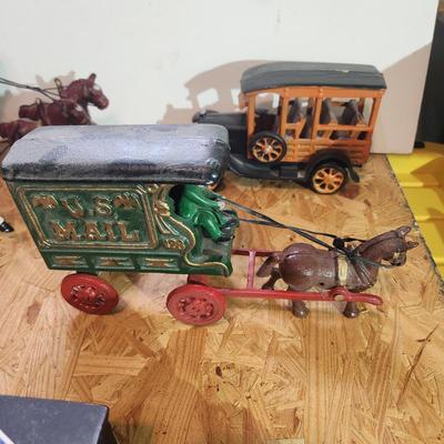 Lot of 7 Cast Iron Toys Milk Wagon, Truck, U.S. Mail, Produce Wagon, Carriage, Coca-Cola Wagon, P.R.R. Train Set