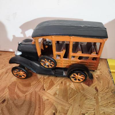 Lot of 7 Cast Iron Toys Milk Wagon, Truck, U.S. Mail, Produce Wagon, Carriage, Coca-Cola Wagon, P.R.R. Train Set