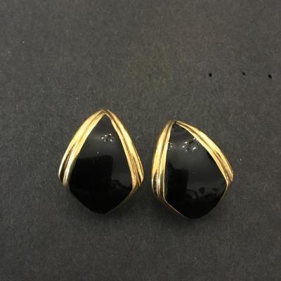 Vintage Monet signed black enamel, gold tone, statement, earrings