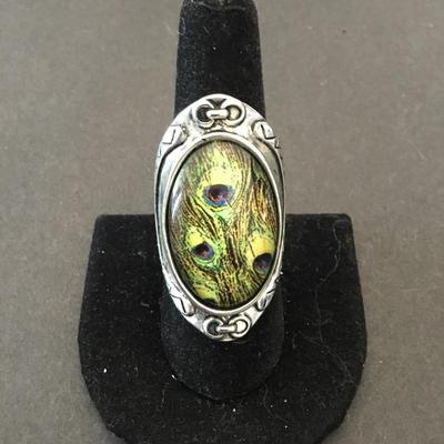 Vintage Silver-tone, peacock statement ring