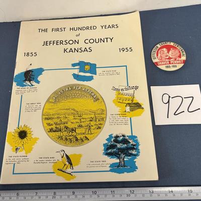Vintage The First 100 Years of Jefferson County Kansas Book and Pin