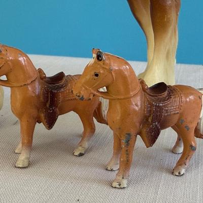 Vintage Breyer Clydesdale, two mini Japan cast iron horses w/Pokee Votive glass