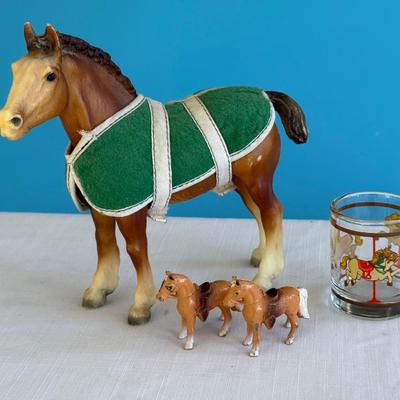 Vintage Breyer Clydesdale, two mini Japan cast iron horses w/Pokee Votive glass