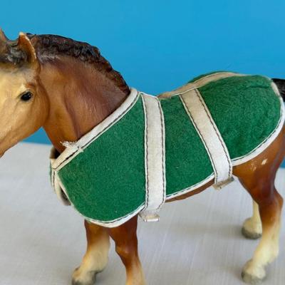 Vintage Breyer Clydesdale, two mini Japan cast iron horses w/Pokee Votive glass