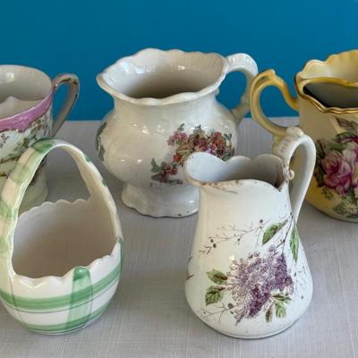 Vintage porcelain tea cup, shaving mug, sugar/creamer containers
