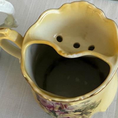 Vintage porcelain tea cup, shaving mug, sugar/creamer containers