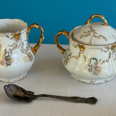 Vintage Porcelain Sugar/creamer w/gold like design, & WM Rogers Co AA spoon