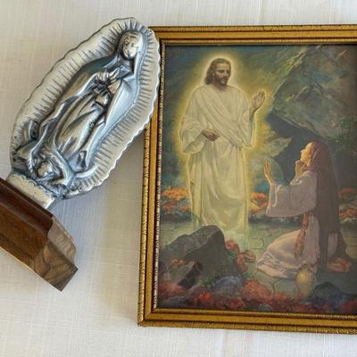 Jesus vintage framed 6x8 picture, 6in statue of Mary