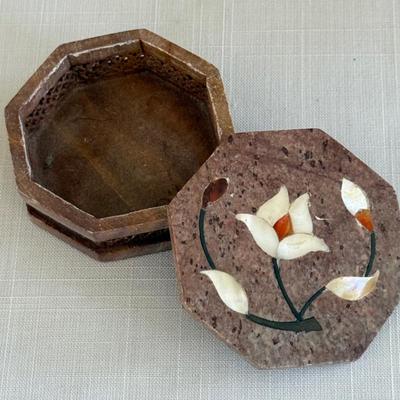 MCM Gold Leaf Sculpture, & Trinkets, Mother of Pearl inlay trinket, painted egg, sm pottery container.