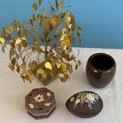 MCM Gold Leaf Sculpture, & Trinkets, Mother of Pearl inlay trinket, painted egg, sm pottery container.