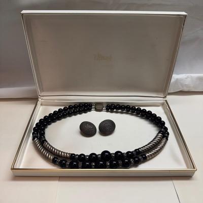 1056 Sterling Silver Black Onyx Necklace with Matching Clip Earrings