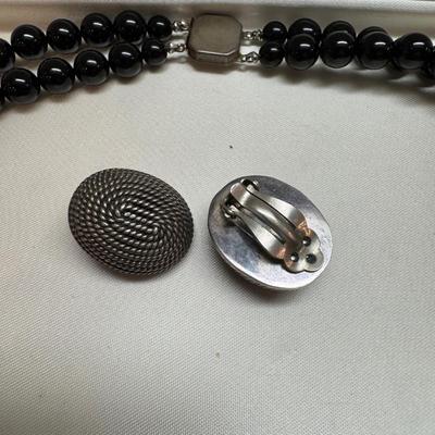1056 Sterling Silver Black Onyx Necklace with Matching Clip Earrings