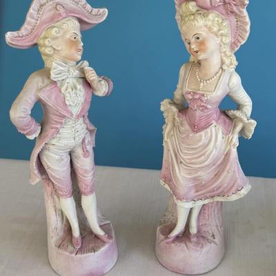 Antique German Bisque figurines 12” likely from late 1800 & likely Germany.