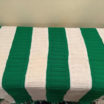 Green & White Striped Crochet Blanket