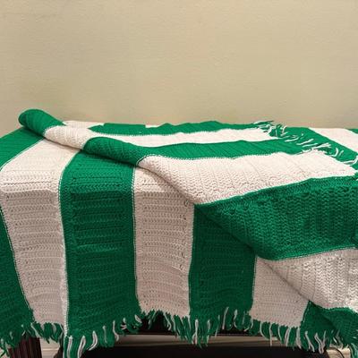 Green & White Striped Crochet Blanket