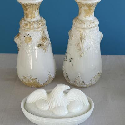 Early 1900s Milk Glass Vases, Spanish Am War era Eagle on nest w/eggs labeled Porto Rica, Cuba, Philippines.