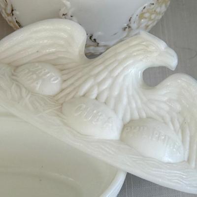 Early 1900s Milk Glass Vases, Spanish Am War era Eagle on nest w/eggs labeled Porto Rica, Cuba, Philippines.