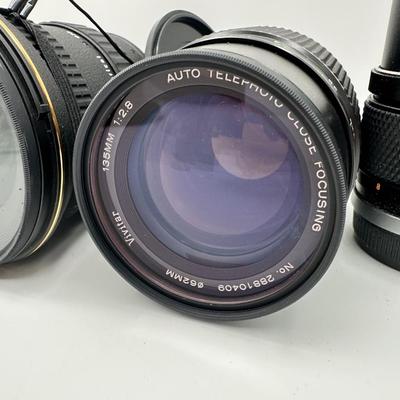 Lot of Vintage Camera Lenses – Vivitar 135mm f/2.8, Olympus OM-System 135mm, Promaster AF 12-24mm, Vivitar Extension Tube