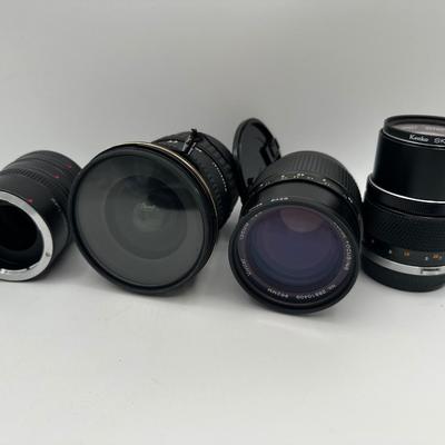Lot of Vintage Camera Lenses – Vivitar 135mm f/2.8, Olympus OM-System 135mm, Promaster AF 12-24mm, Vivitar Extension Tube