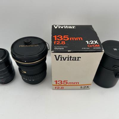 Lot of Vintage Camera Lenses – Vivitar 135mm f/2.8, Olympus OM-System 135mm, Promaster AF 12-24mm, Vivitar Extension Tube