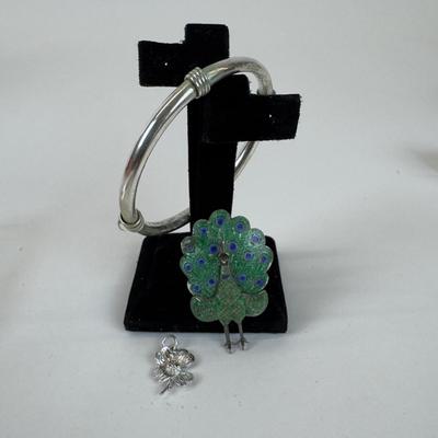 1068 Sterling Bangle Bracelet, Enameled Peacock Pin, dogwood flower charm
