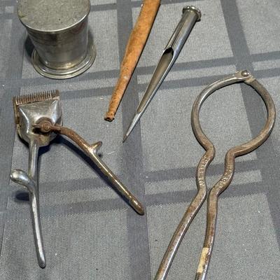 Vintage items, flour tester, collapsible metal cup, hair clipper, Jar wrench tool.