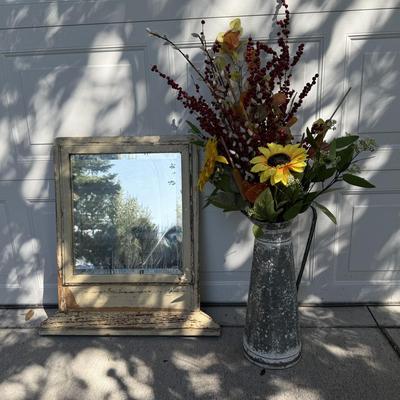 Antique French Window Casement Mirror(Heavy) w/Flower fall arrangement w/glass bird