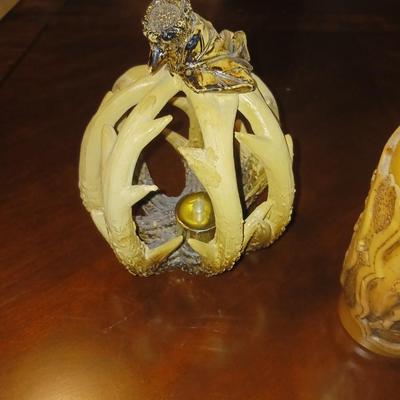 ANTLER STYLE CANDLE HOLDERS AND 2 CARVED PILLAR CANDLES