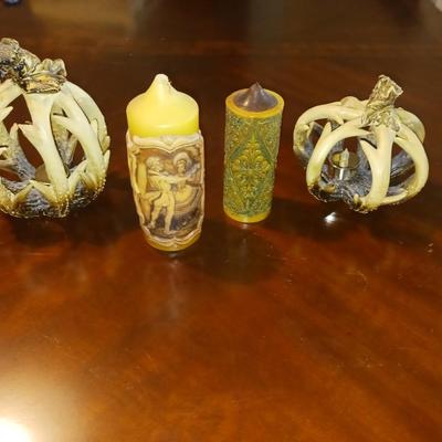 ANTLER STYLE CANDLE HOLDERS AND 2 CARVED PILLAR CANDLES