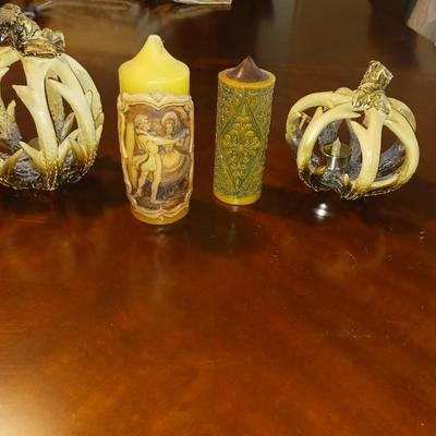 ANTLER STYLE CANDLE HOLDERS AND 2 CARVED PILLAR CANDLES