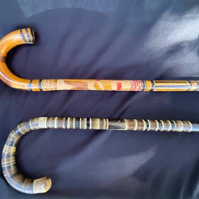Vintage Stacked horn cane & carved wooden cane.
