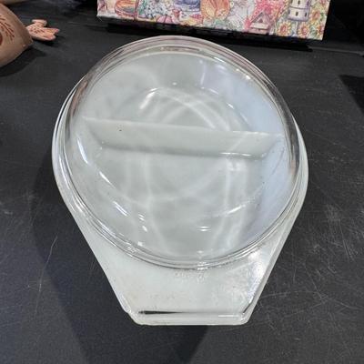 Pyrex Compass (also known as Black Star or Atomic Compass) Pattern Divided Casserole Dish with Lid.