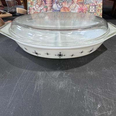 Pyrex Compass (also known as Black Star or Atomic Compass) Pattern Divided Casserole Dish with Lid.