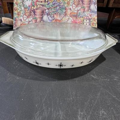 Pyrex Compass (also known as Black Star or Atomic Compass) Pattern Divided Casserole Dish with Lid.