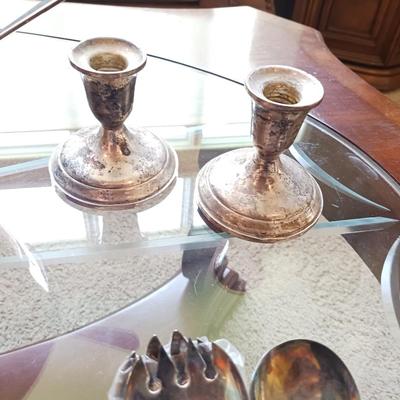 WEIGHTED STERLING SILVER CANDLE HOLDERS AND SILVER PLATED SERVING PIECES