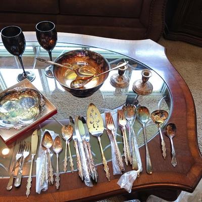 WEIGHTED STERLING SILVER CANDLE HOLDERS AND SILVER PLATED SERVING PIECES