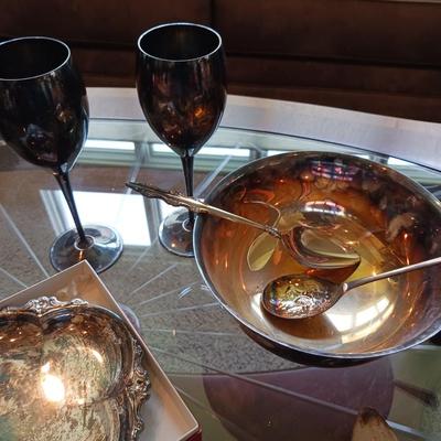 WEIGHTED STERLING SILVER CANDLE HOLDERS AND SILVER PLATED SERVING PIECES